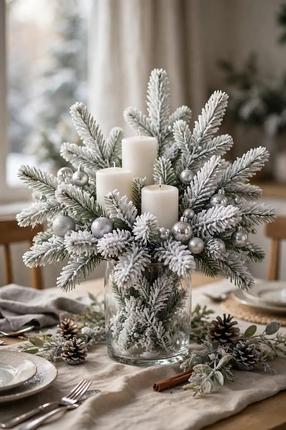Snowy Flocked Branch Christmas Centerpiece Snowy flocked branch centerpiece, a wintery christmas centerpiece idea for a white holiday table