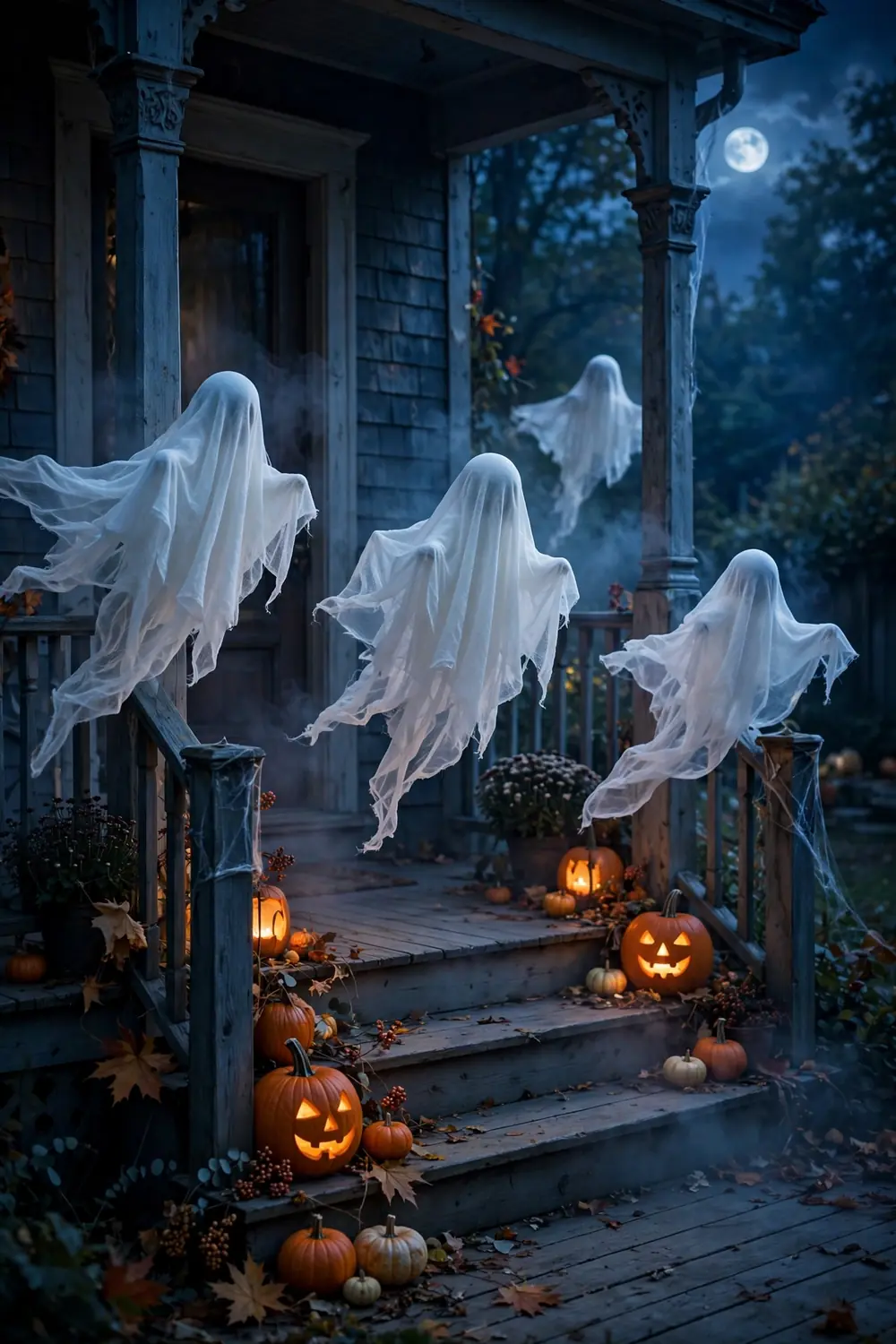 Ghostly Cheesecloth Figures on the Porch Halloween porch decor with white cheesecloth ghosts drifting on a moonlit front porch