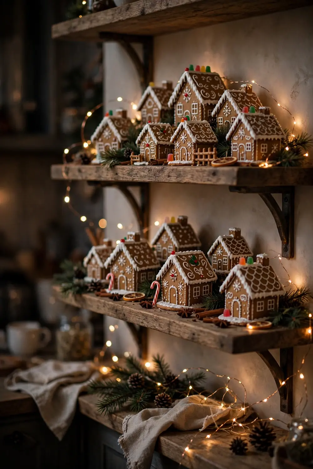 Mini gingerbread village on open kitchen shelves Gingerbread Christmas decor ideas with a mini gingerbread village on open kitchen shelves