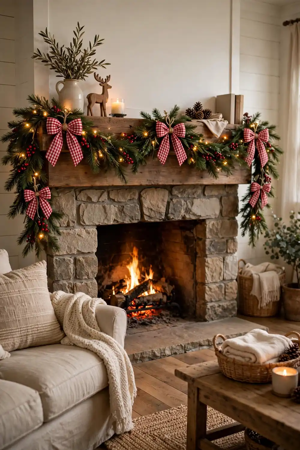 Christmas mantel decor idea with a gingham bow garland Gingham bow garland with checked bows, a playful pattern play christmas mantel decor idea