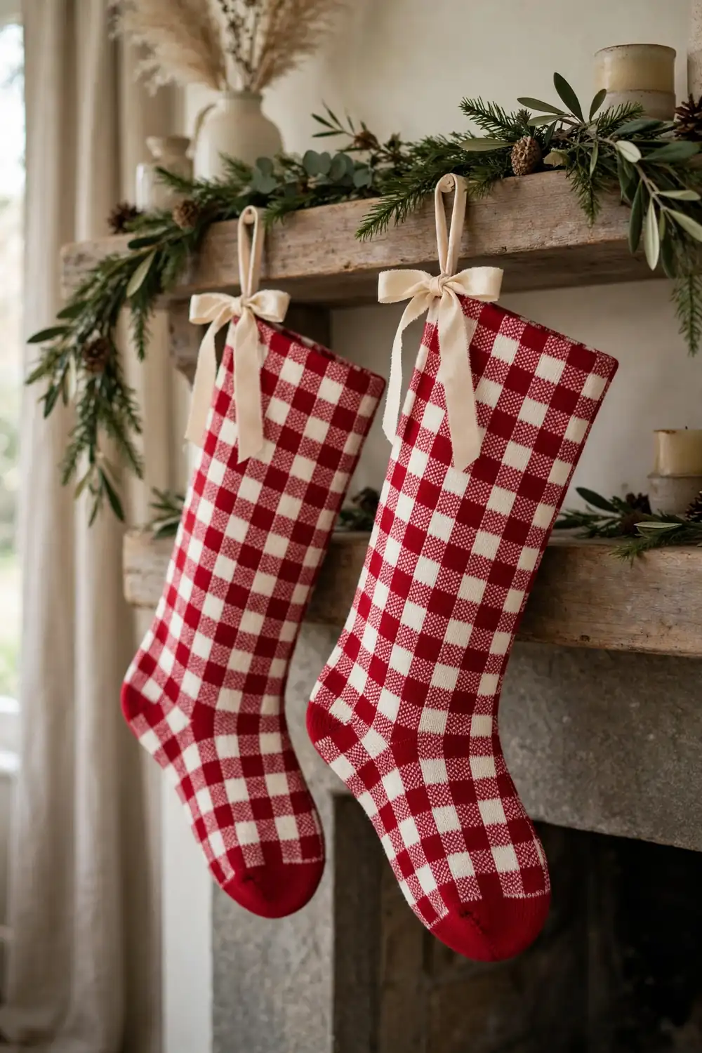 Gingham and Check Pattern Christmas Stocking Decor Ideas Gingham and check pattern christmas stocking decor ideas on a mantel