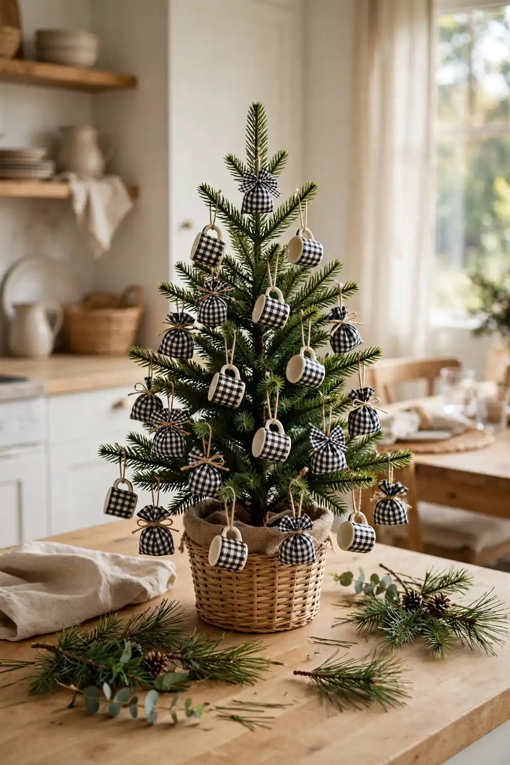 Mug tree with gingham ornaments and checked mugs in gingham Christmas decor kitchen