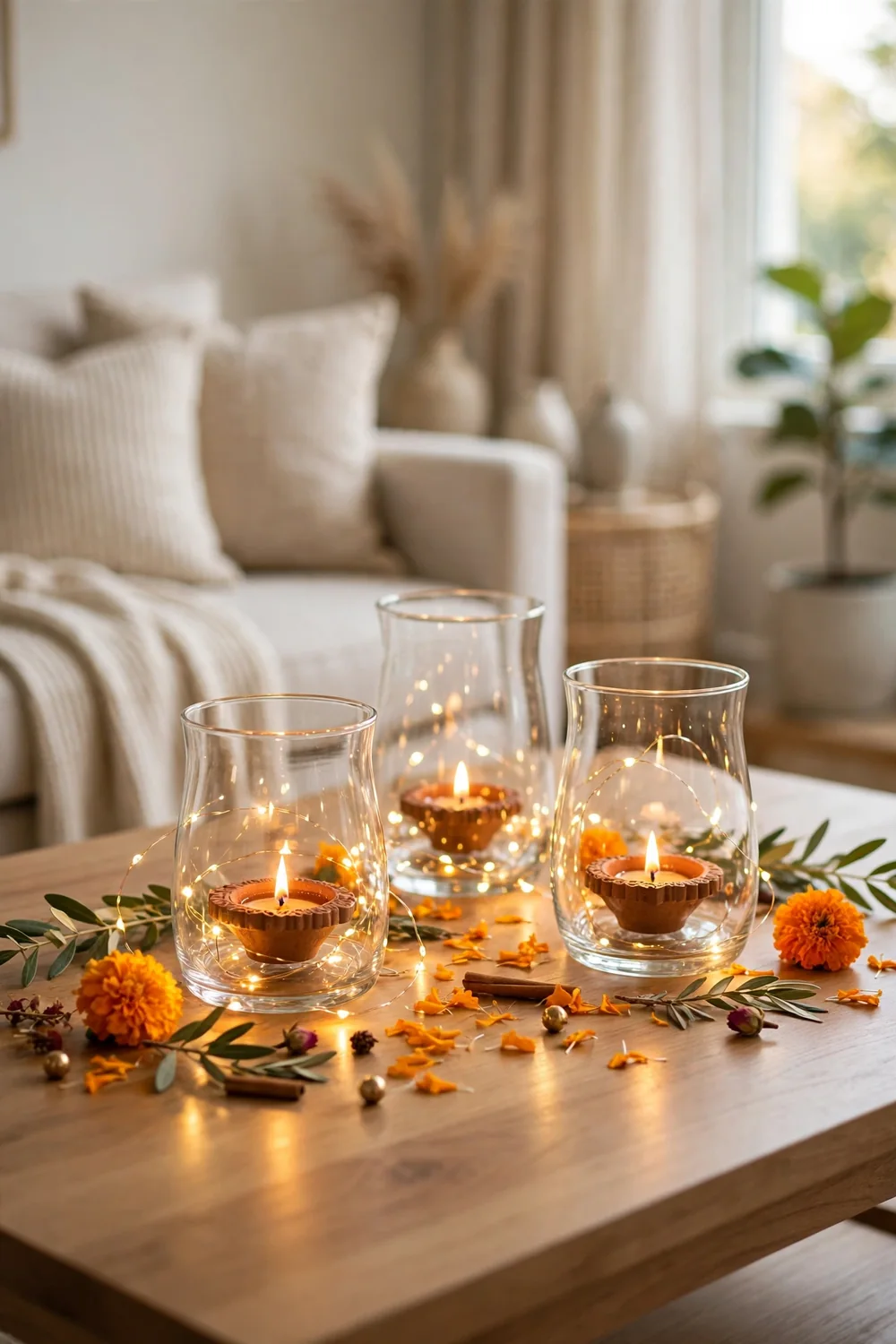 Lit clay diyas inside glass hurricane holders with fairy lights on a coffee table