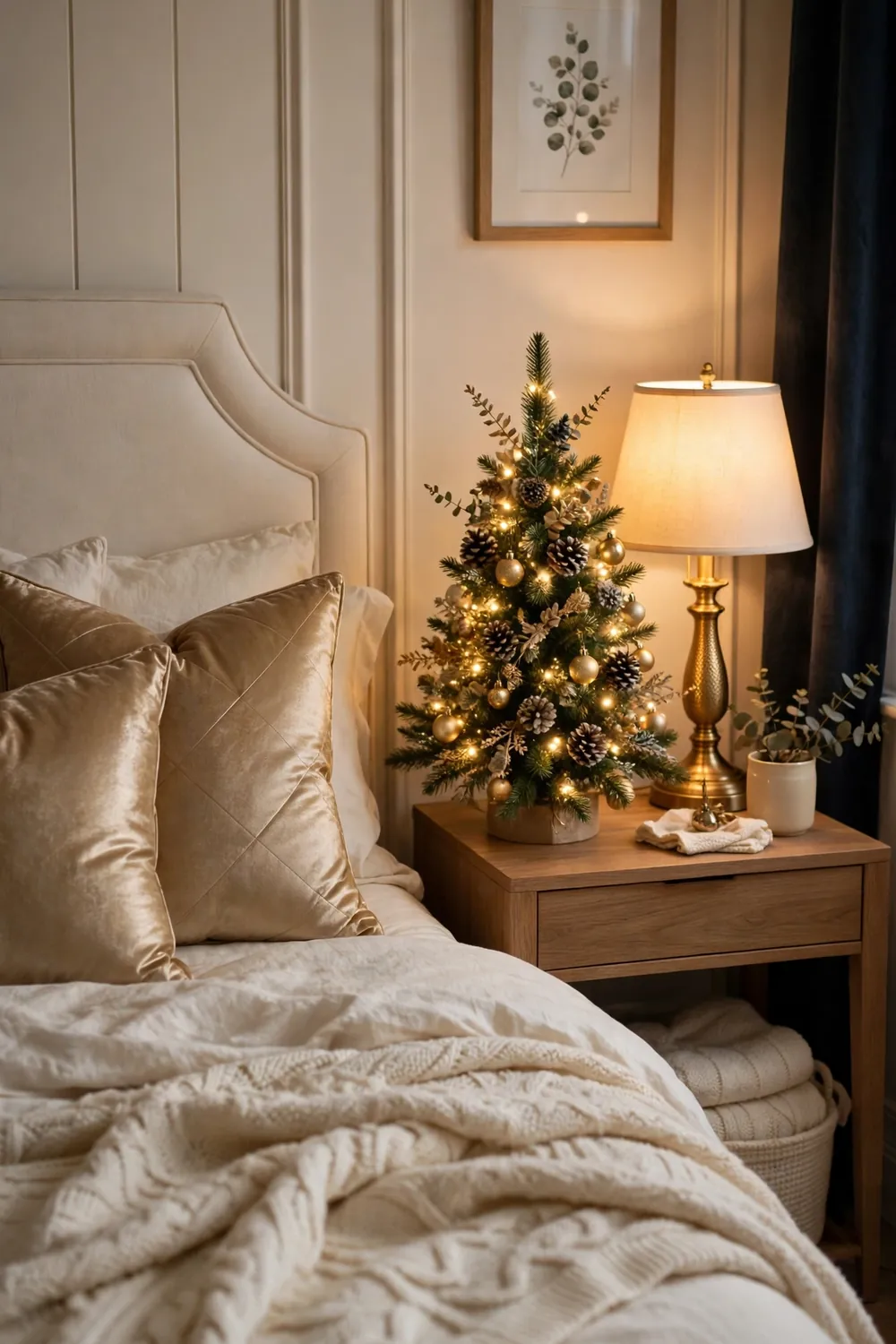 Gold Trimmed Christmas Bedroom Corner Cozy Christmas bedroom corner with champagne gold throw pillows, gold lamp and small lit tree