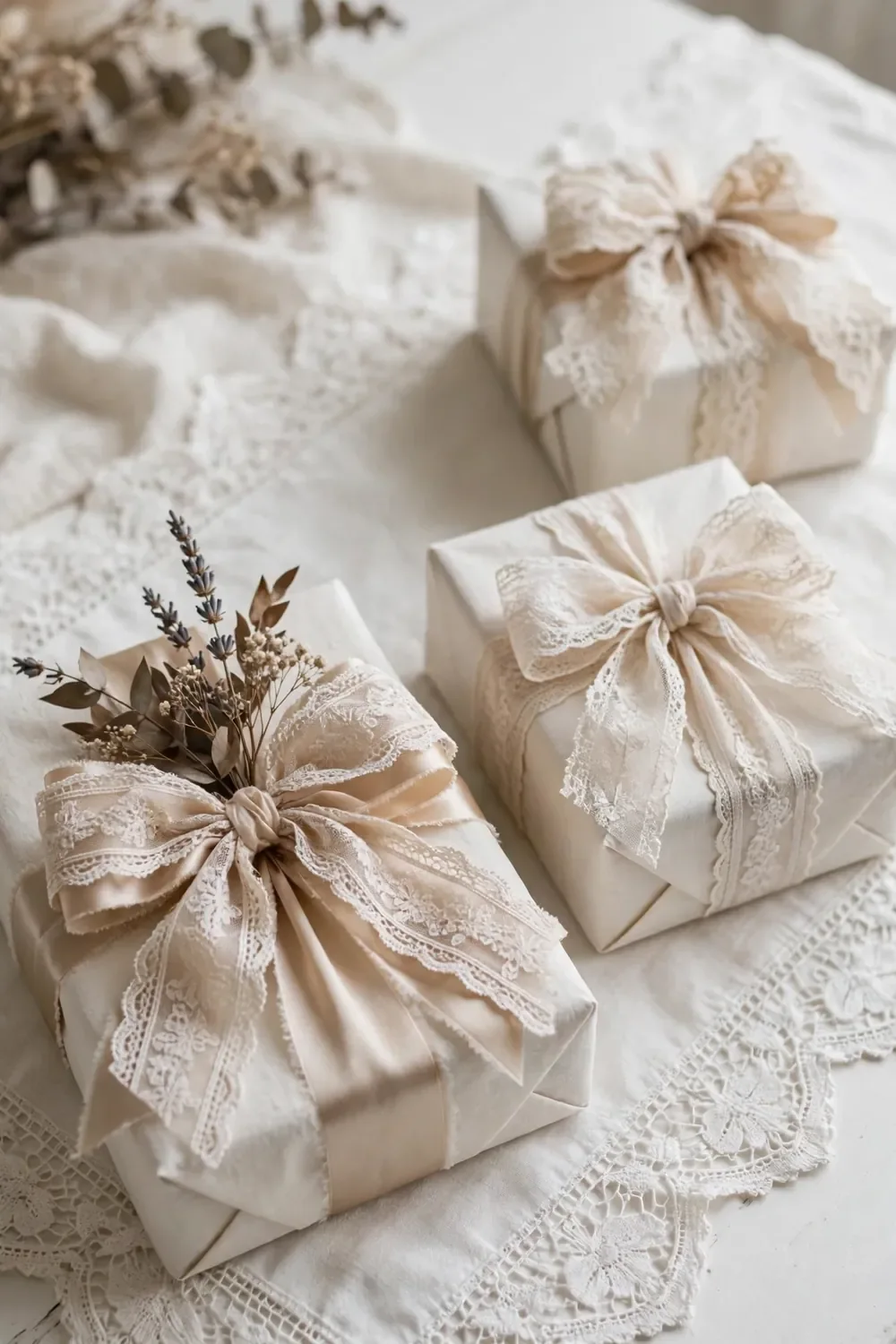 Gifts wrapped in kraft paper with ivory lace ribbon, a romantic christmas wrapping station idea