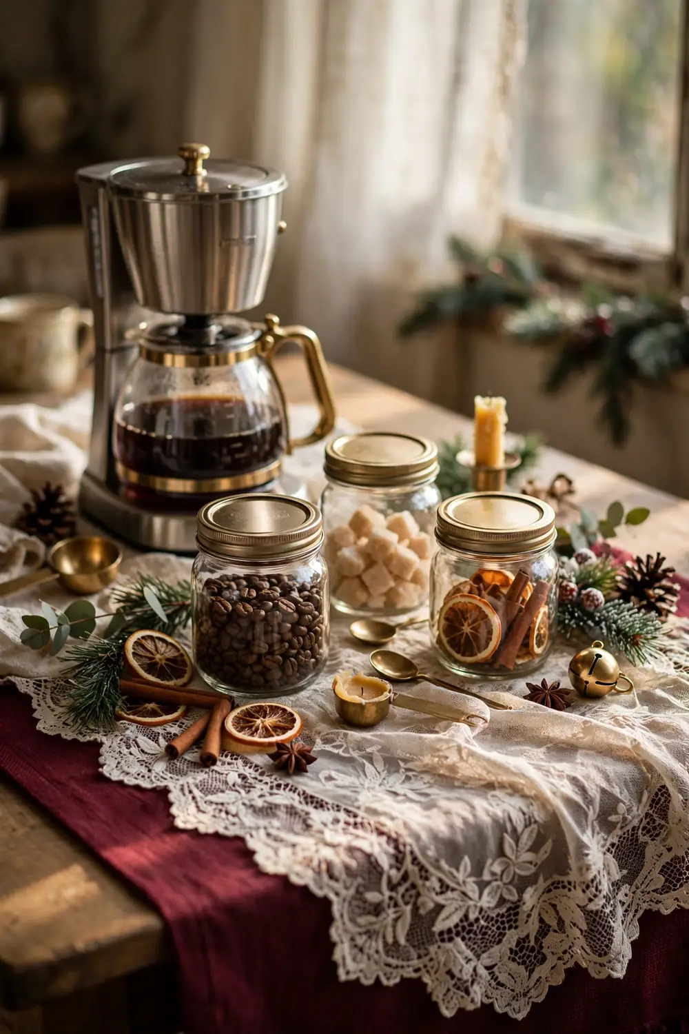 Heirloom Lace Coffee Bar Runner Heirloom lace runner under a coffee bar, elegant christmas coffee bar decor ideas with vintage charm