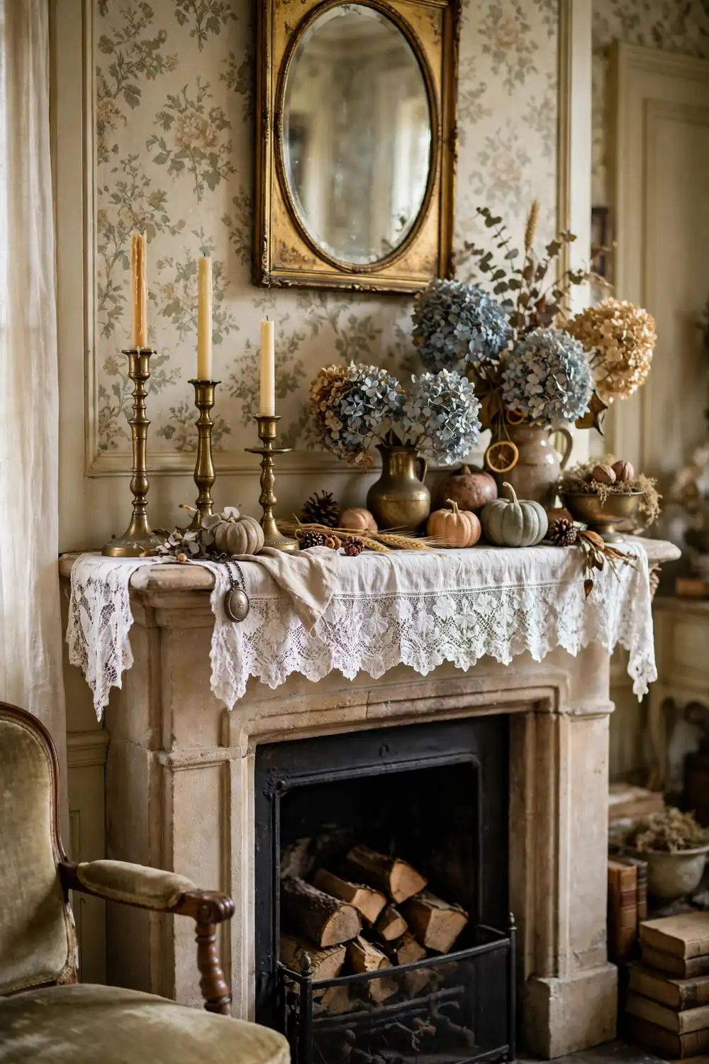 Thanksgiving mantel decor ideas with a delicate white lace runner, brass candlesticks, and dried hydrangeas