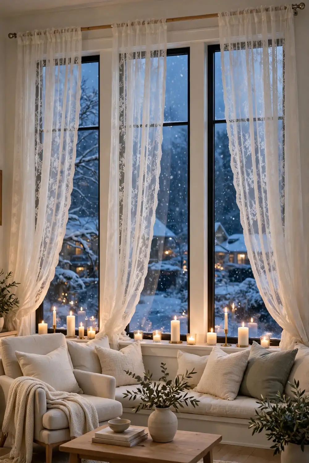 Sheer lace window panels glowing with candlelight at Christmas