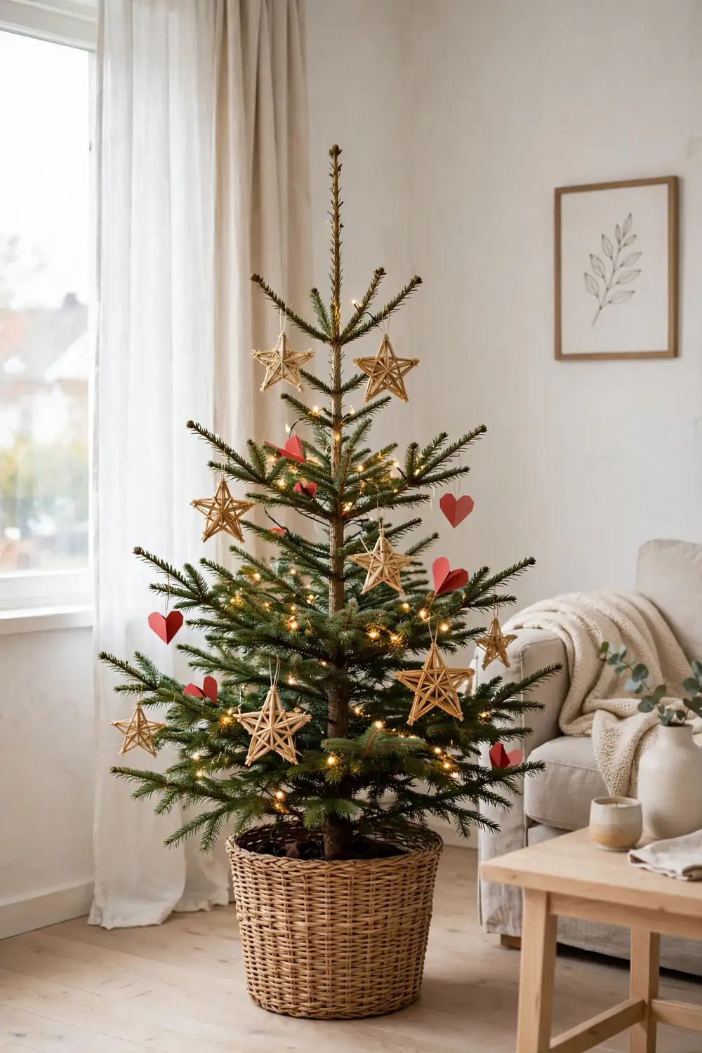 Minimalist Scandinavian Christmas tree with straw ornaments Minimalist Christmas tree with straw ornaments and warm lights in a bright Nordic room