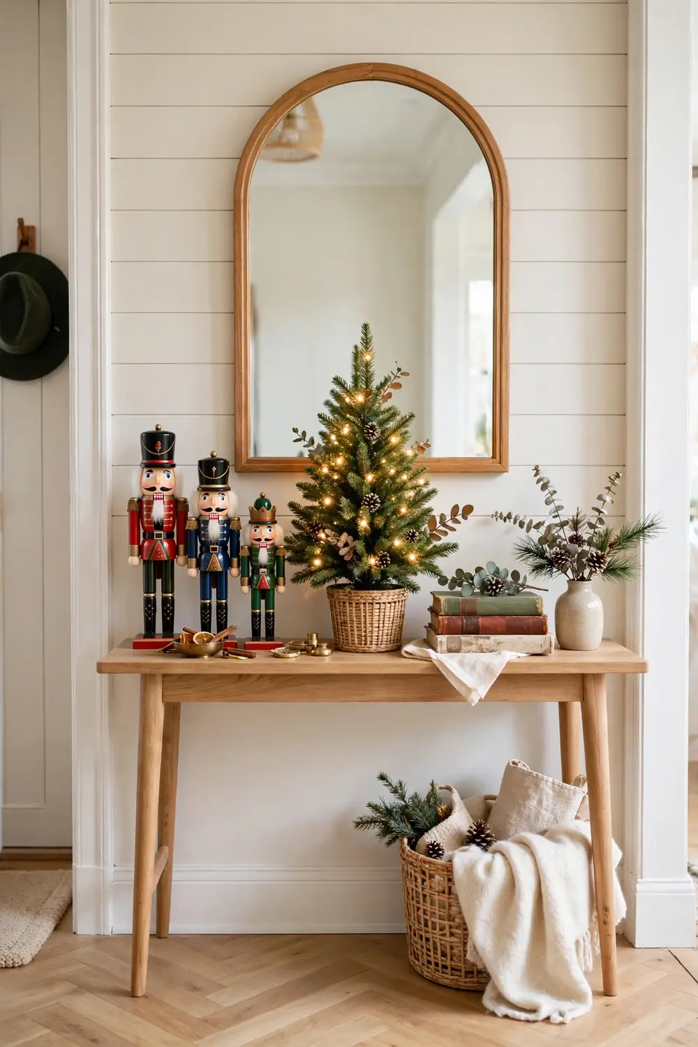 Nutcracker Entryway Console Entryway console styled with nutcrackers and a small lit Christmas tree