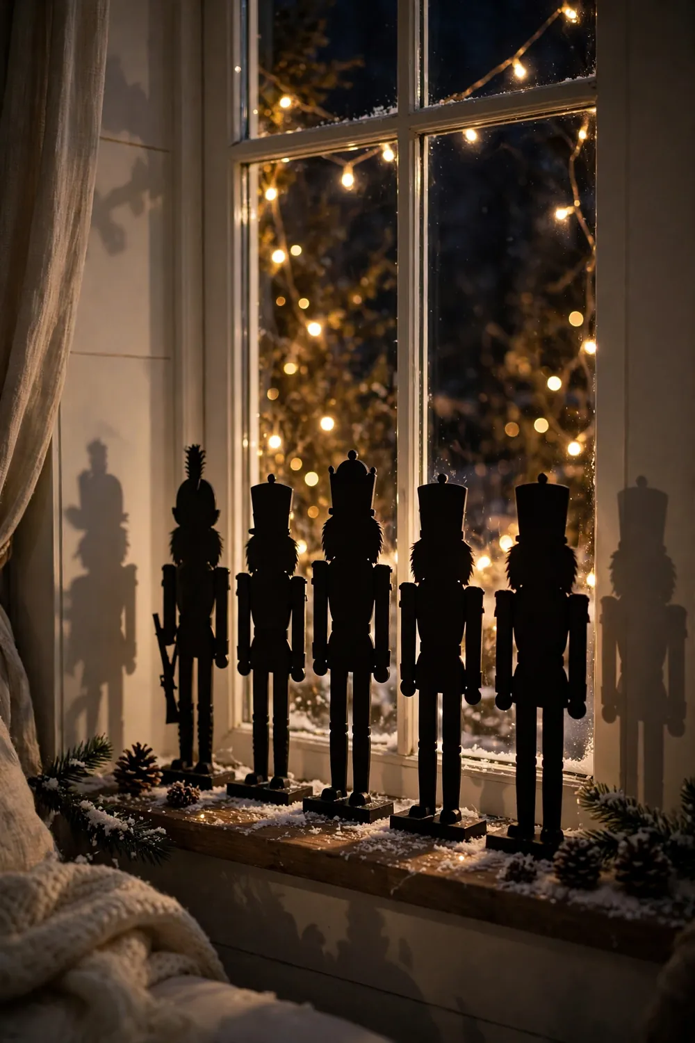 Nutcracker silhouettes backlit with fairy lights in a Christmas window, nostalgic christmas window decor ideas