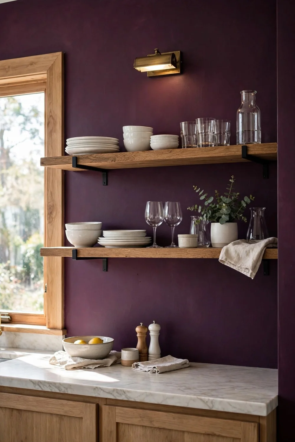 Open kitchen shelves on deep aubergine wall with white dishes