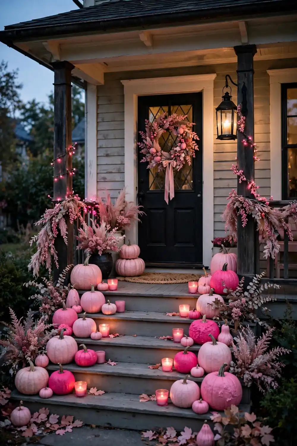 Pink Halloween porch with painted pumpkins lined on steps