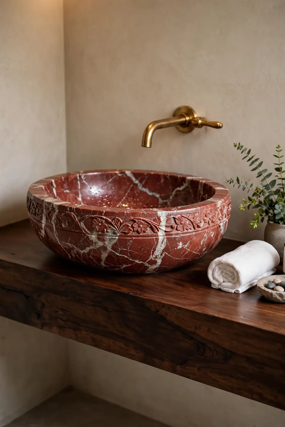 Hand-Carved Red Marble Vessel Sink Hand-carved red marble vessel sink with white veining on a floating vanity
