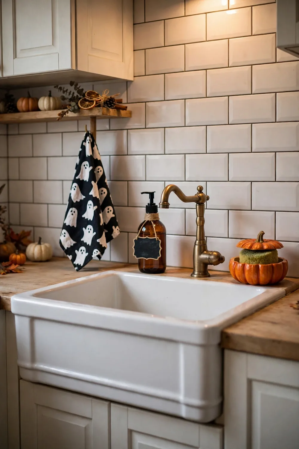 Halloween sink vignette with seasonal towels and soap Kitchen sink styled for Halloween with ghost print towels, amber soap dispenser, and pumpkin dish