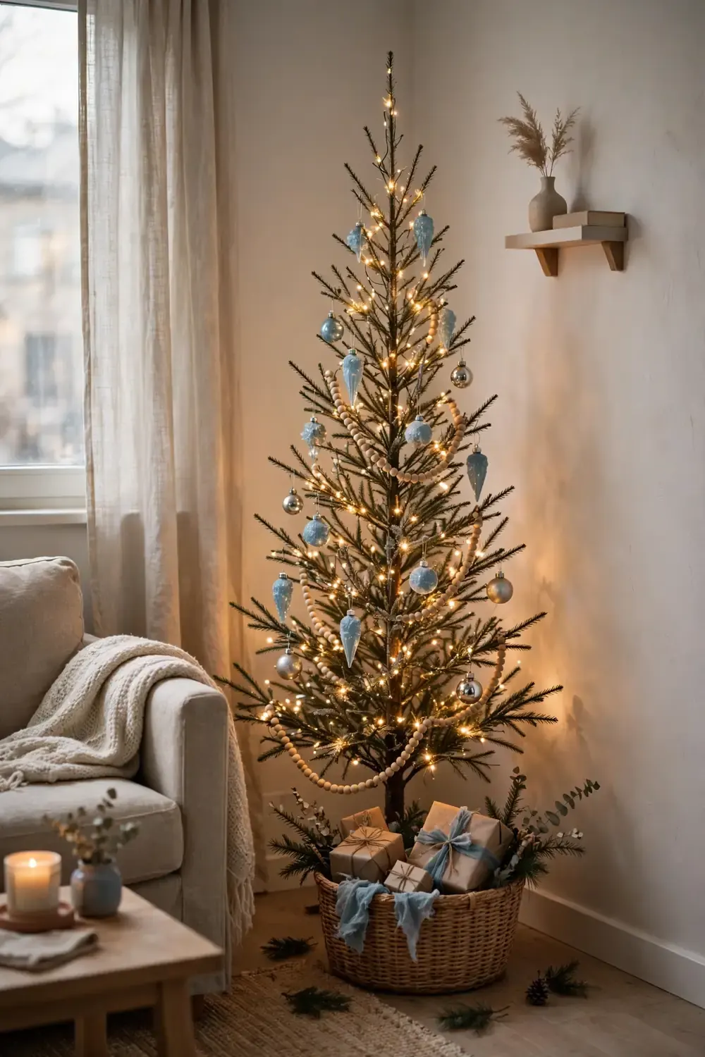 Slim pencil christmas tree in a living room corner with silver ornaments, a smart christmas tree decor idea for small spaces