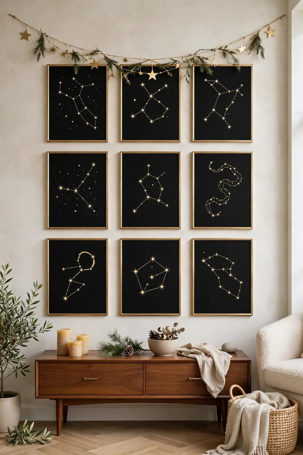 Star Constellation Gallery Wall Gallery wall of framed gold star constellation prints above a console — star motif Christmas decor