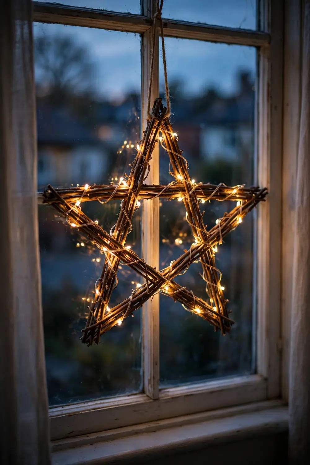 Star shaped twig christmas wreath ideas wrapped in fairy lights in a window