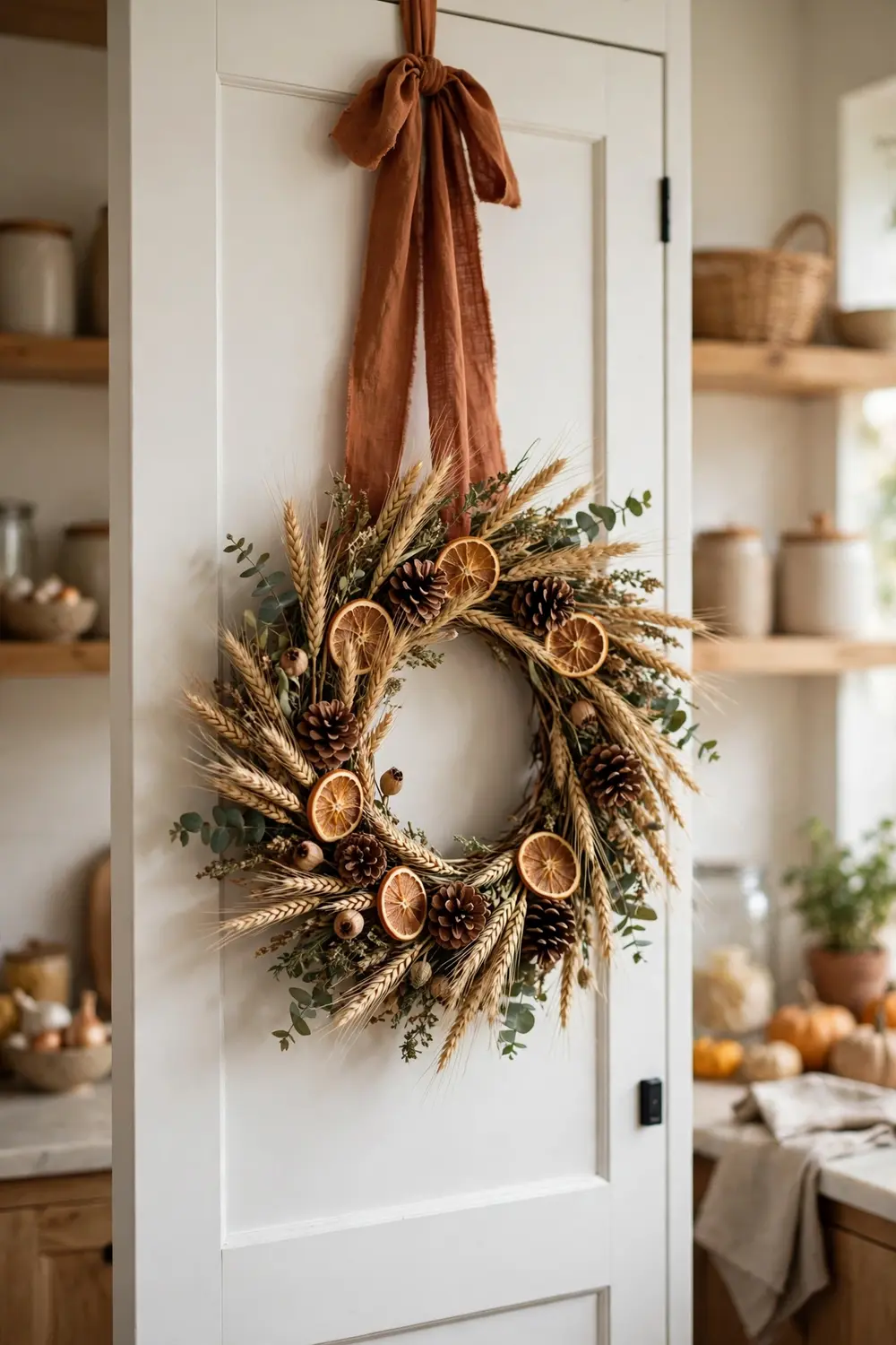 Thanksgiving wreath on a kitchen pantry door Thanksgiving kitchen decor ideas with a wheat and pinecone wreath hanging on a kitchen pantry door