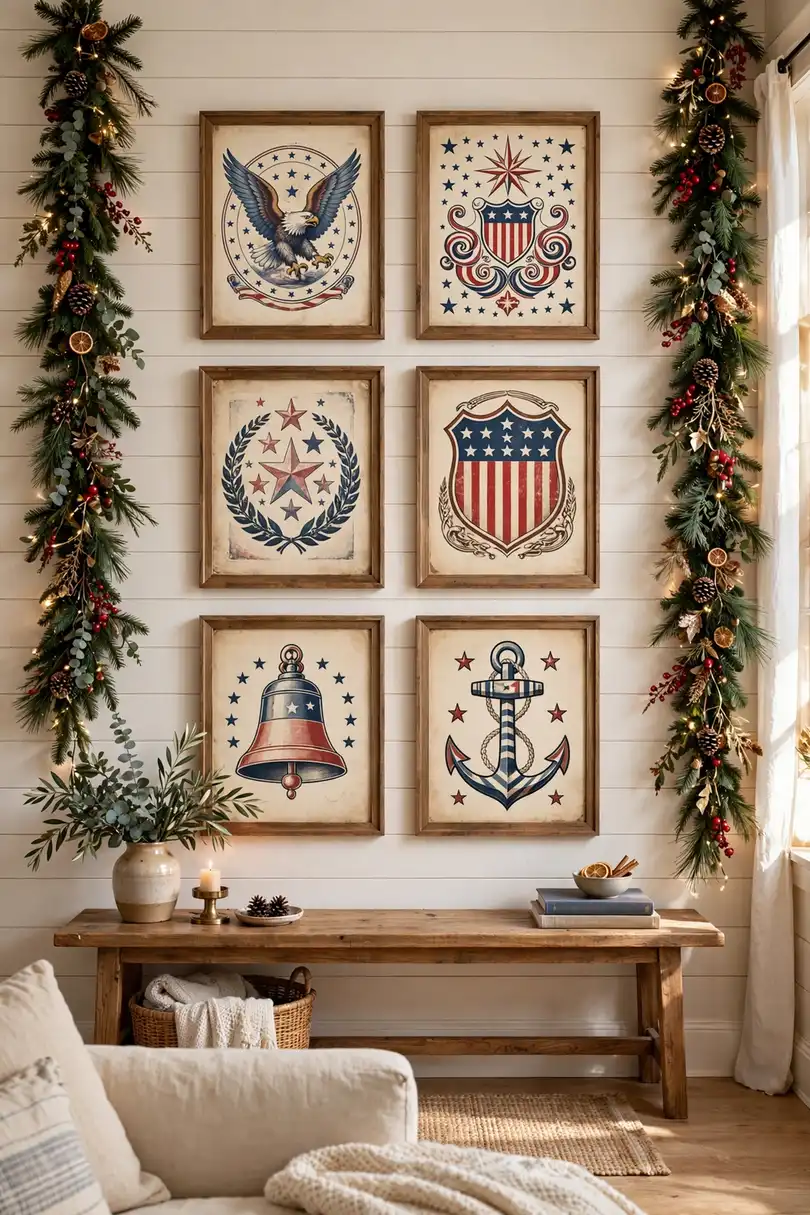 Vintage Poster Wall Art Gallery Framed vintage poster style wall art in a patriotic Americana Christmas decor living room