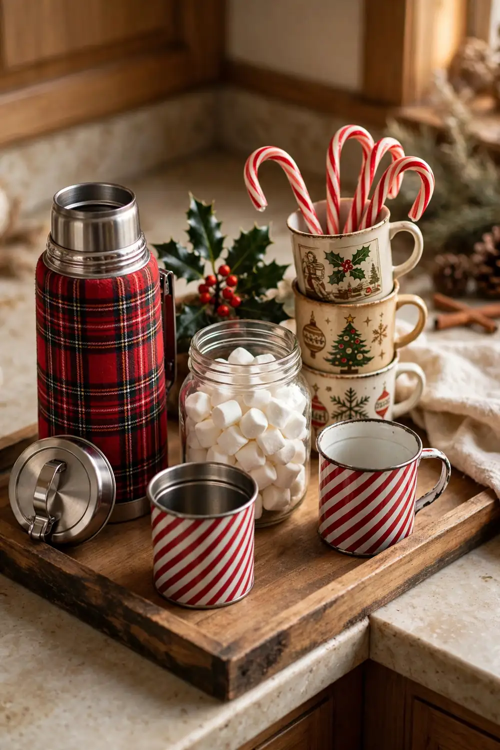 Vintage thermos cocoa station Vintage plaid thermos and tin cups arranged as a hot cocoa station, a cozy vintage christmas decor idea