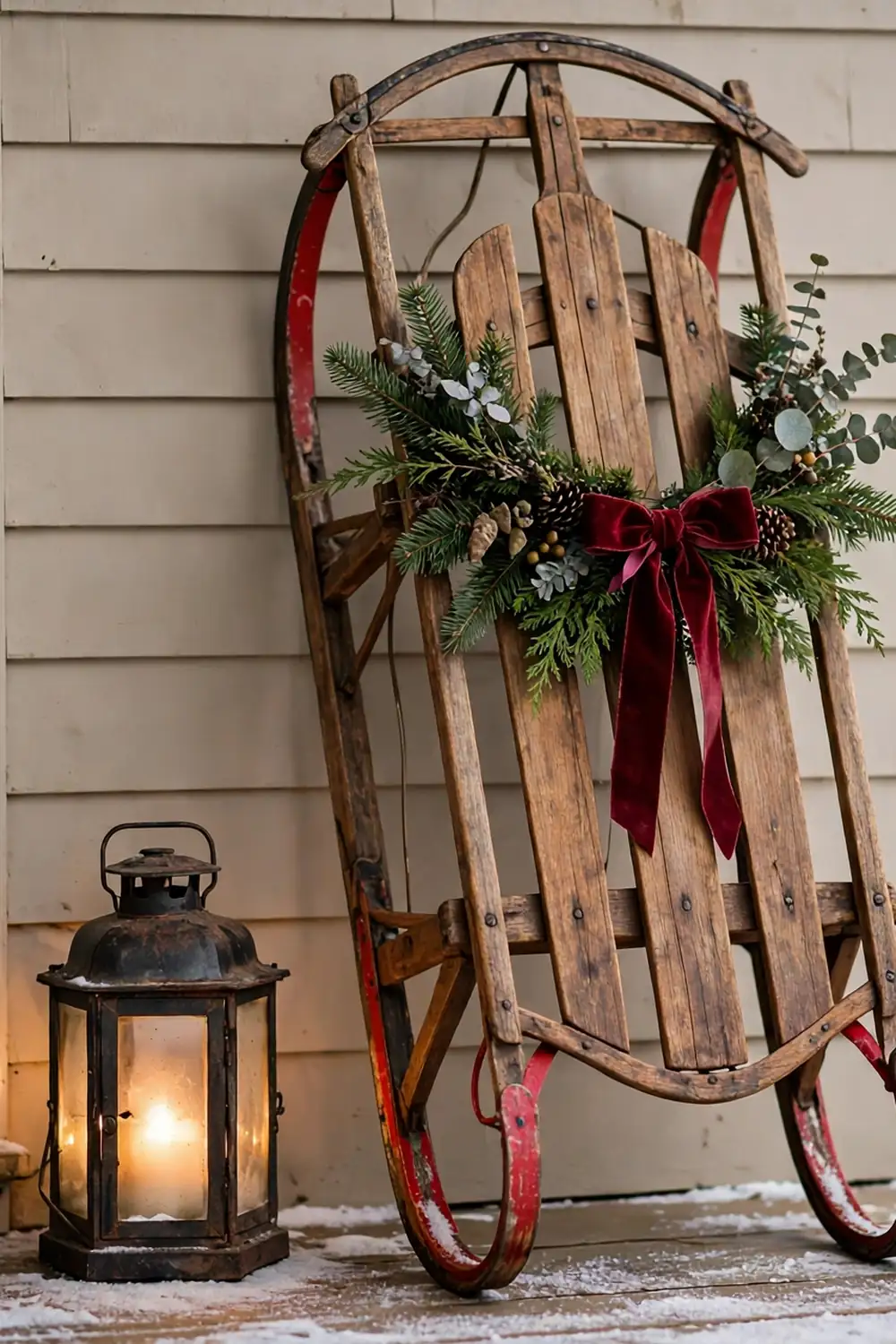 Vintage wooden sled display with holiday greenery Vintage wooden sled decorated with greenery on a porch, a nostalgic christmas porch decor idea with heirloom charm
