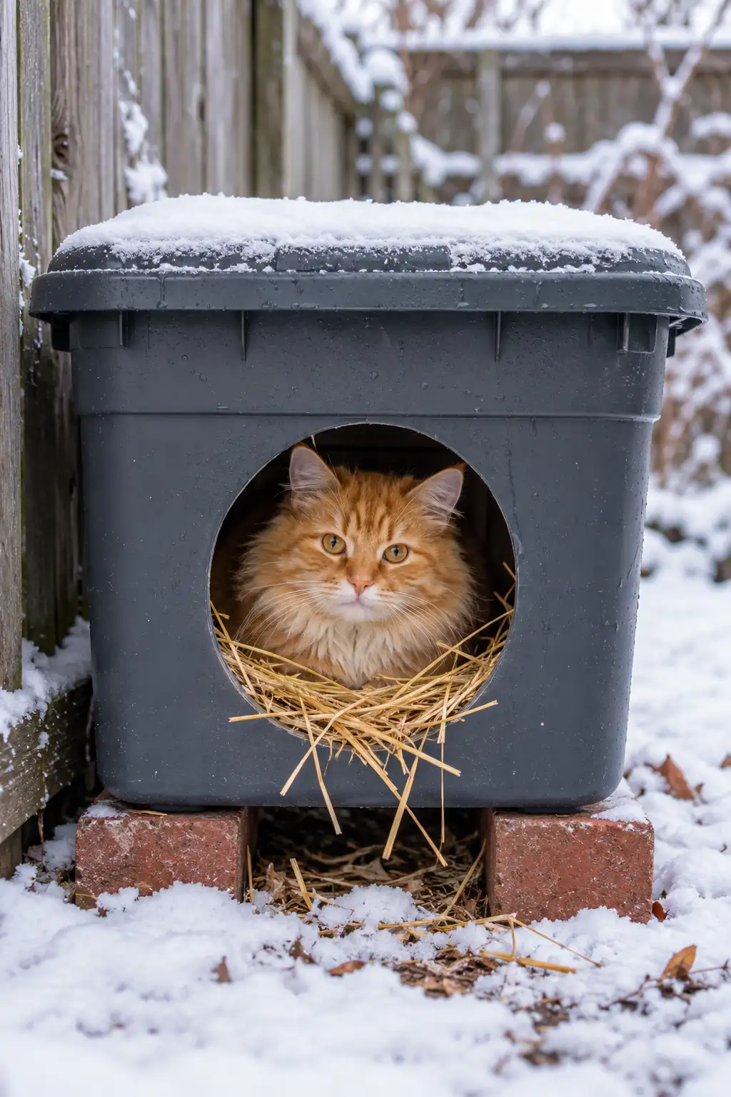 Here is add alt text: Insulated plastic tote cat house with a smaller tote nested inside a larger tote and straw insulation between the walls.