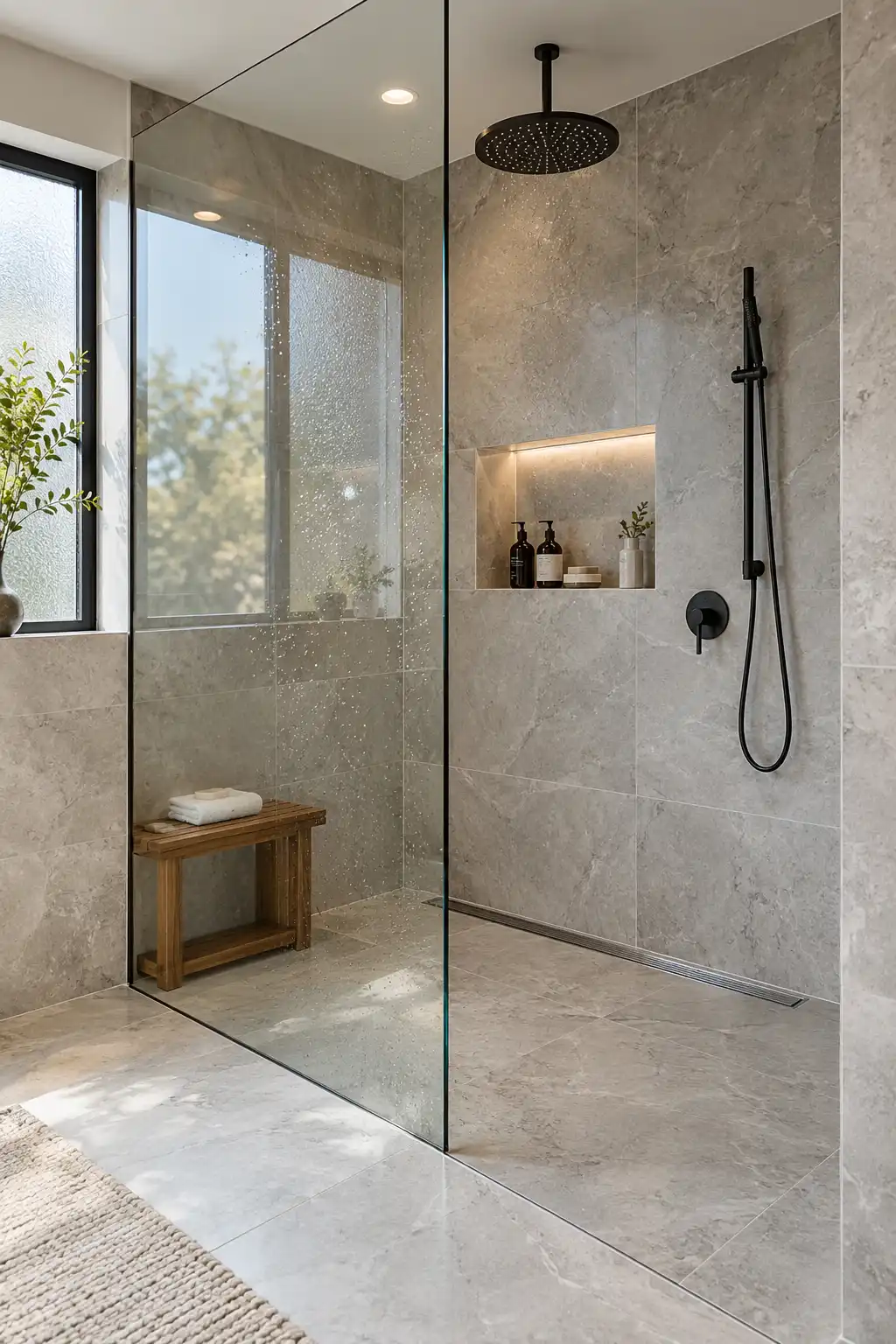 Modern walk-in bathroom shower with a curbless floor, frameless glass panel, linear drain, and built-in shower niche.