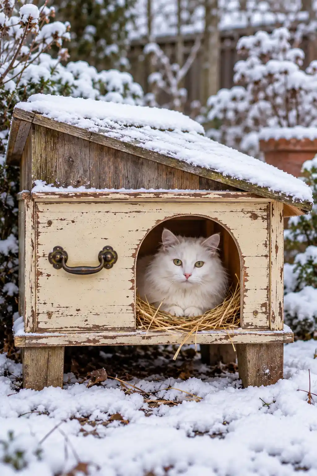 Recycled dresser drawer cat house with foam insulated walls, a small entrance, and a simple waterproof roof.