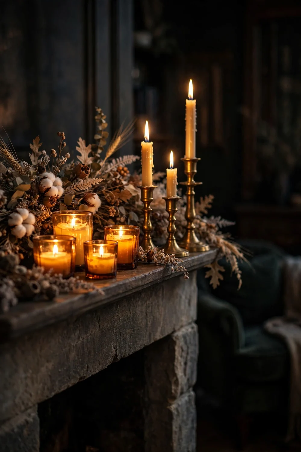 Amber Glass Votives and Brass Candles Amber glass votives and brass candlesticks glowing on a mantel, a warm thanksgiving living room decor idea