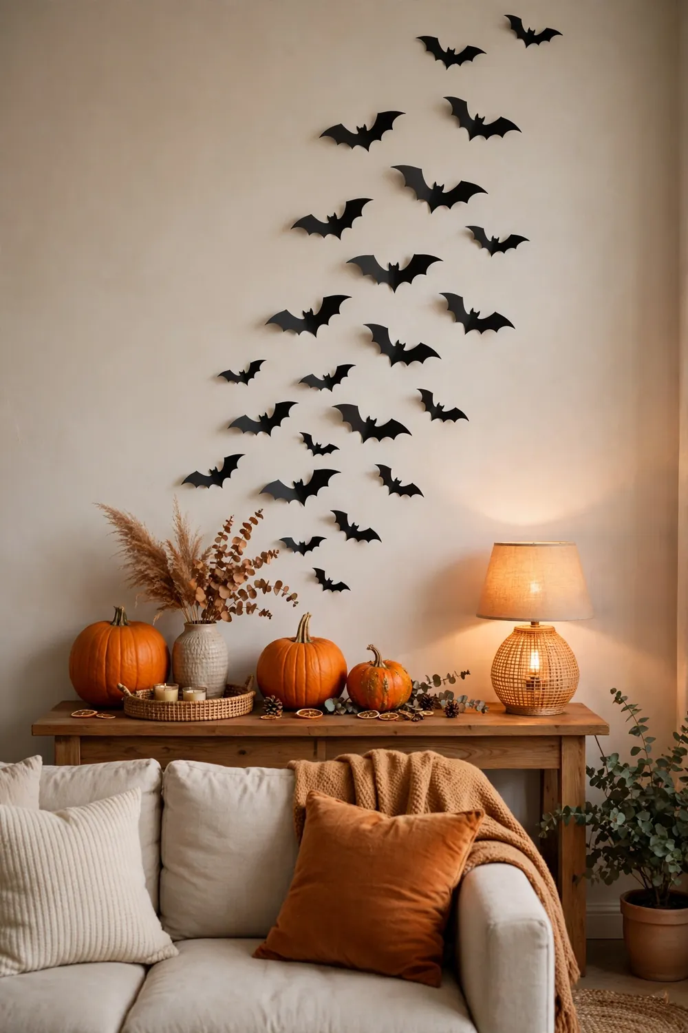 Bat Silhouettes Flying Up the Wall Bat silhouettes flying up the wall halloween living room decor ideas above a sofa with pumpkins