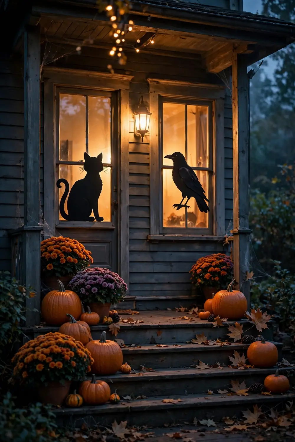 Black Cat and Crow Silhouettes Halloween porch decor with black cat and crow silhouettes on porch windows and steps