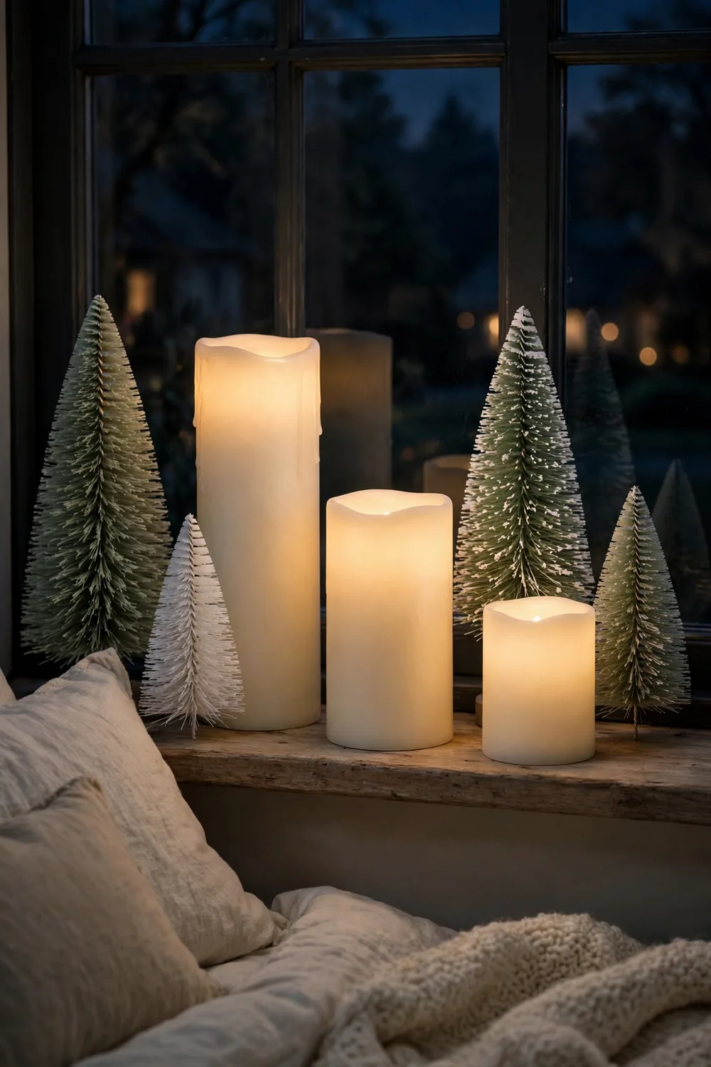 Flameless candles and bottle brush trees glowing on a bedroom windowsill at night, a cozy christmas bedroom decor idea