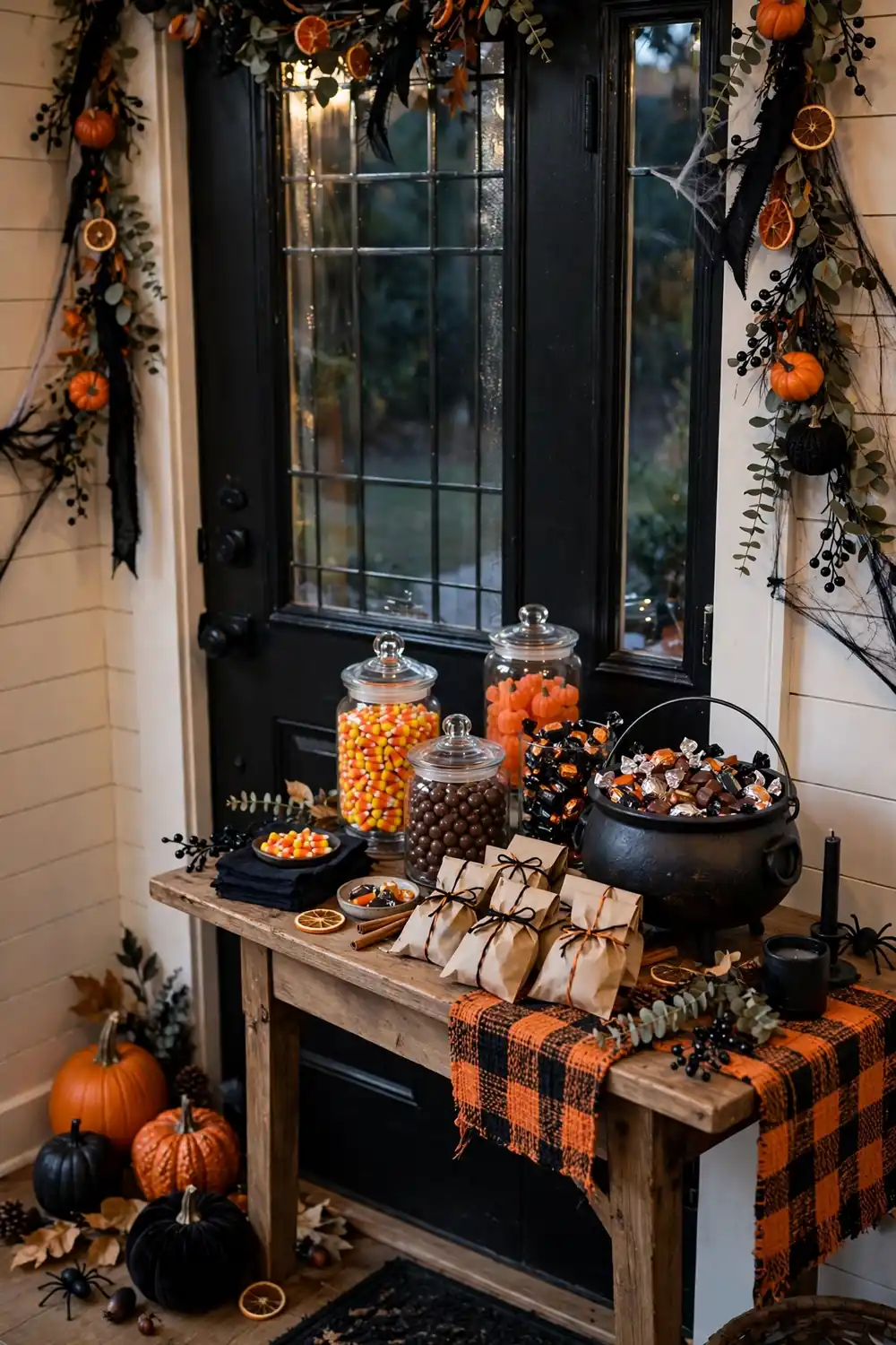 Trick or treat candy station by the door for halloween entryway decor ideas