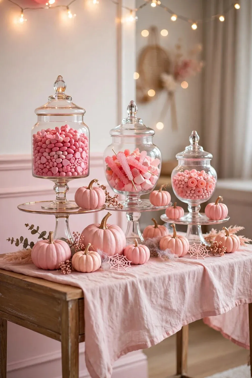 Pink Halloween candy station with glass apothecary jars