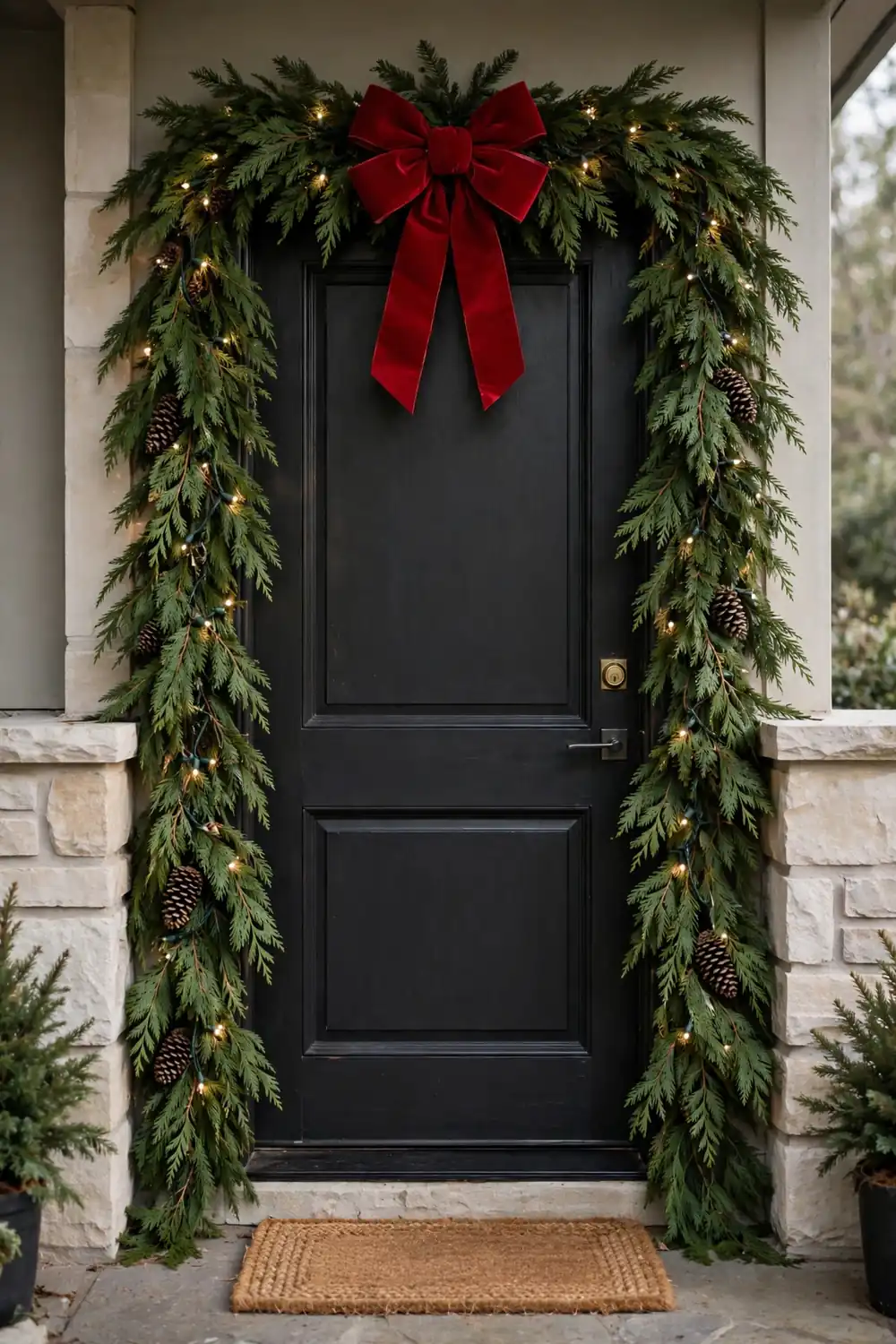 Fresh cedar christmas garland decor ideas framing a front door with a large red bow