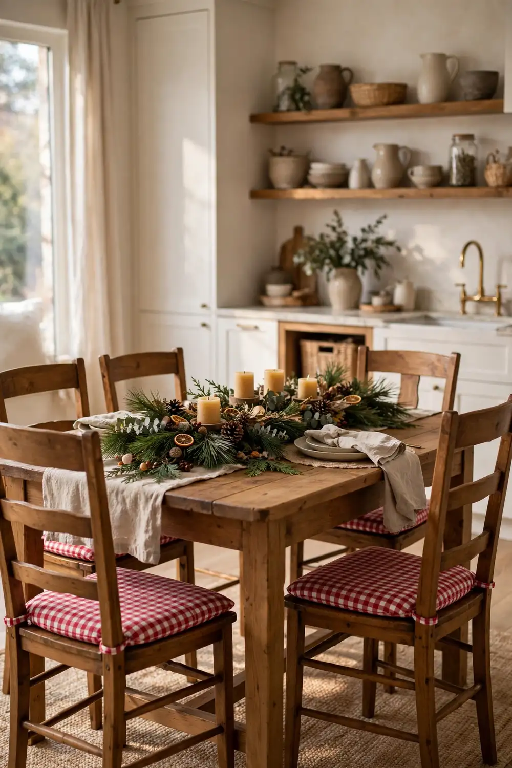 Check printed seat cushions on dining chairs with gingham Christmas decor