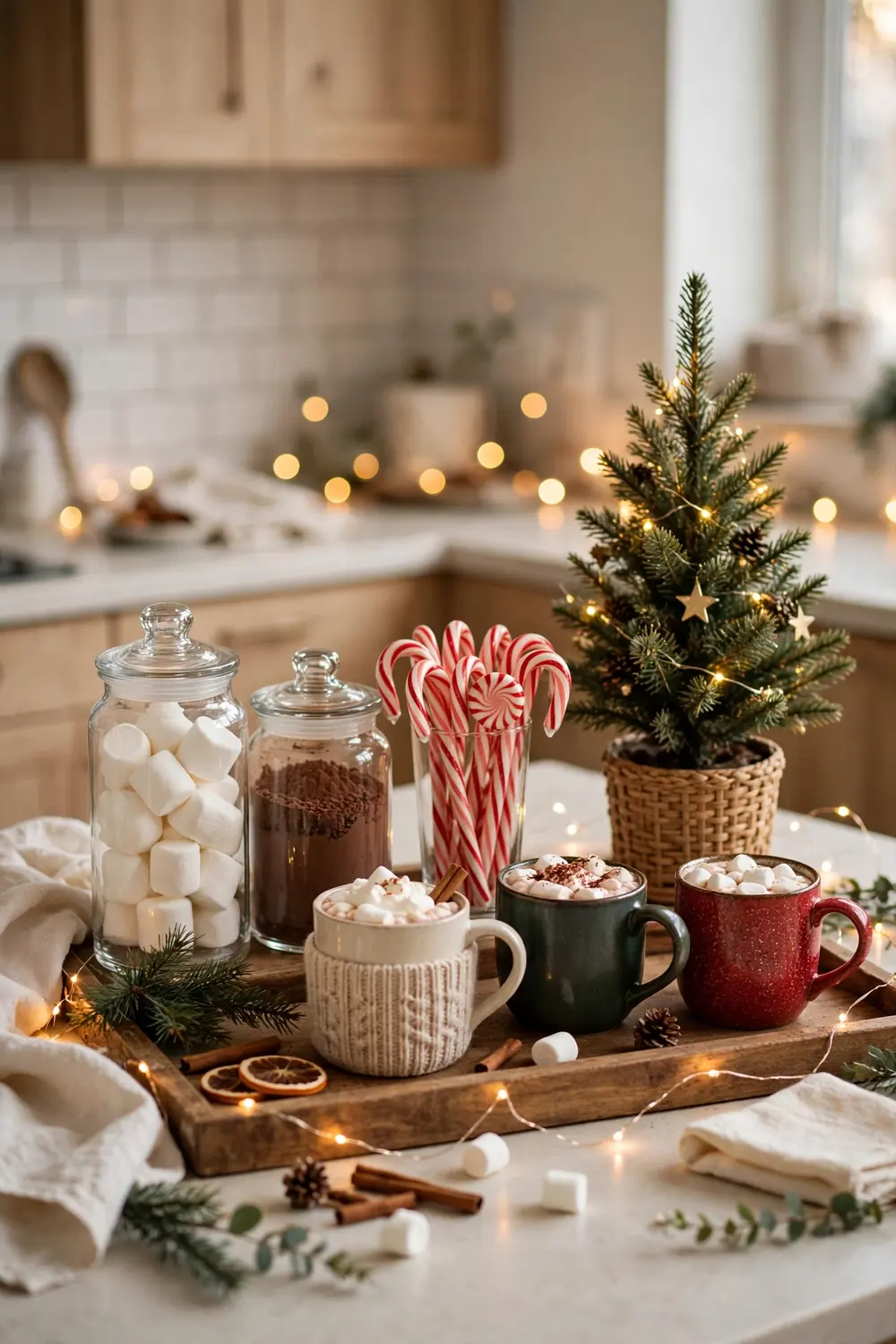 Christmas cocoa bar station with mugs marshmallows and candy canes on a kitchen counter, a cozy christmas kitchen decor idea