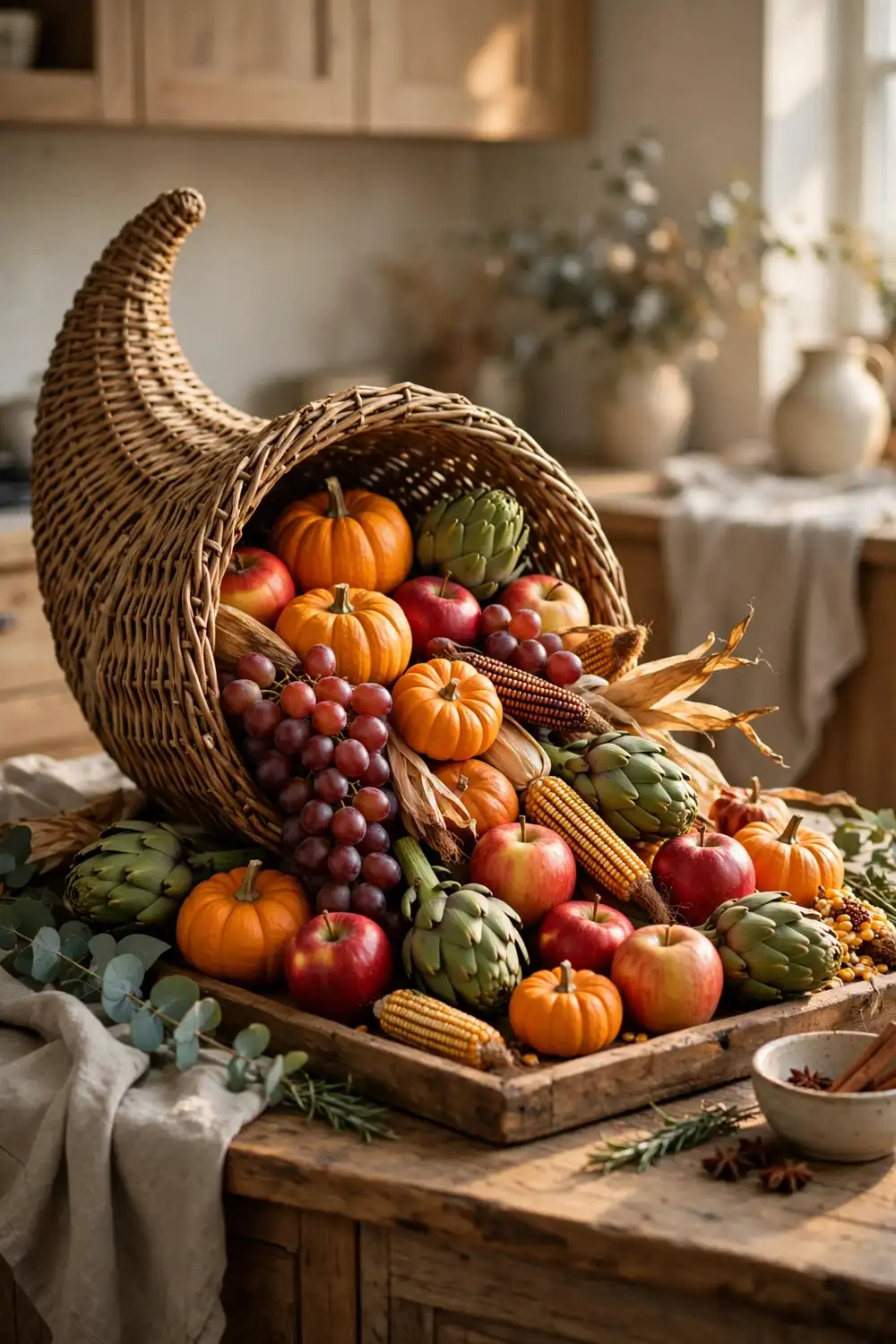 Cornucopia display for Thanksgiving kitchen decor Thanksgiving kitchen decor ideas with a cornucopia horn overflowing with pumpkins grapes and apples