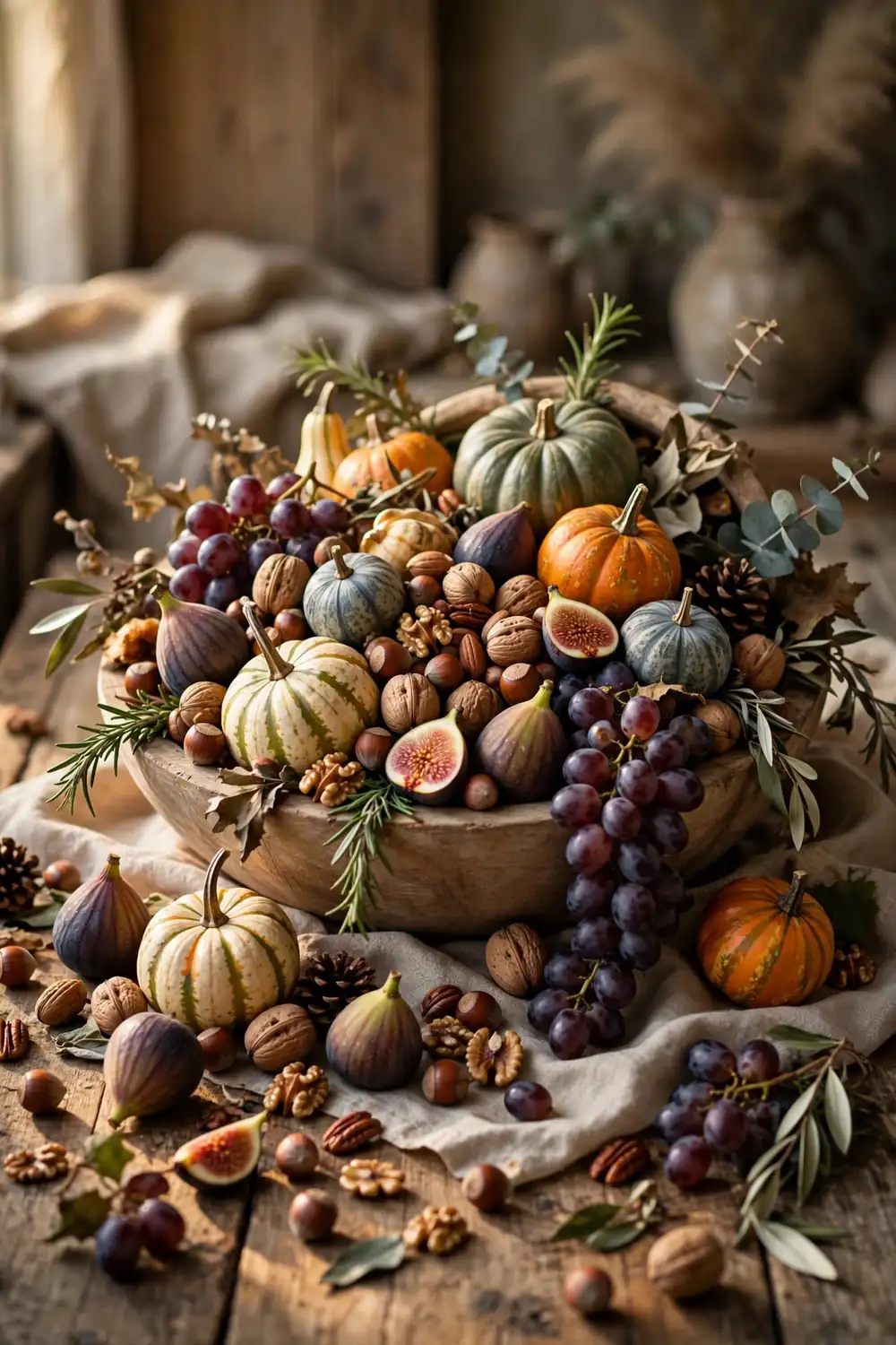 Modern Thanksgiving cornucopia with wooden bowl of gourds and grapes
