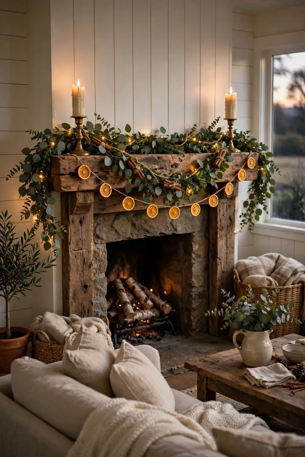 Christmas mantel decor idea with dried orange and cinnamon garland Dried orange slice and cinnamon garland, a natural fragrant christmas mantel decor idea