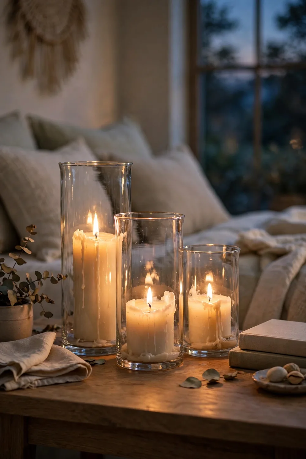 Candle Cluster Glowing at Dusk Fall bedroom decor with a cluster of lit candles in glass hurricanes on a nightstand