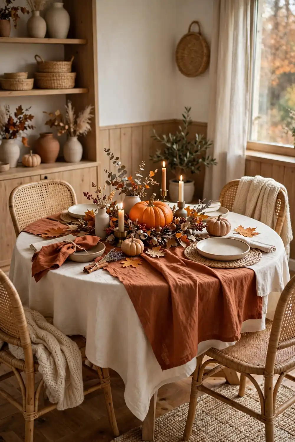 Layered Tablecloths in Autumn Tones Cozy fall dining room with layered cream and rust tablecloths on a round table