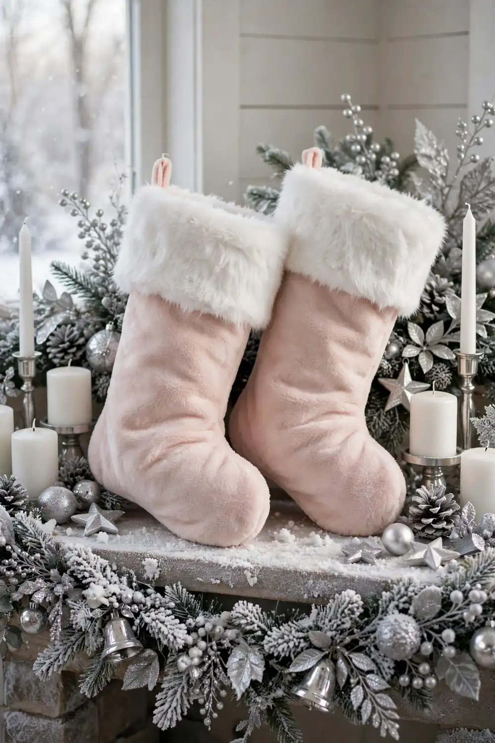 Faux Fur Trimmed Christmas Stocking Decor Ideas Faux fur trimmed christmas stocking decor ideas on a snowy mantel