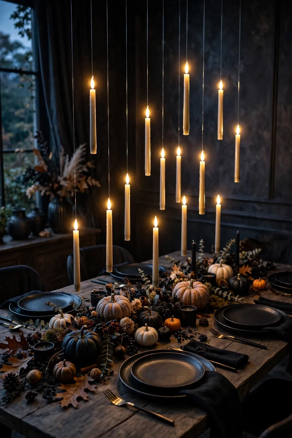 Floating Candles Above the Halloween Table LED taper candles floating above a dark Halloween dinner table, a magical halloween table decor idea with enchanted candlelight