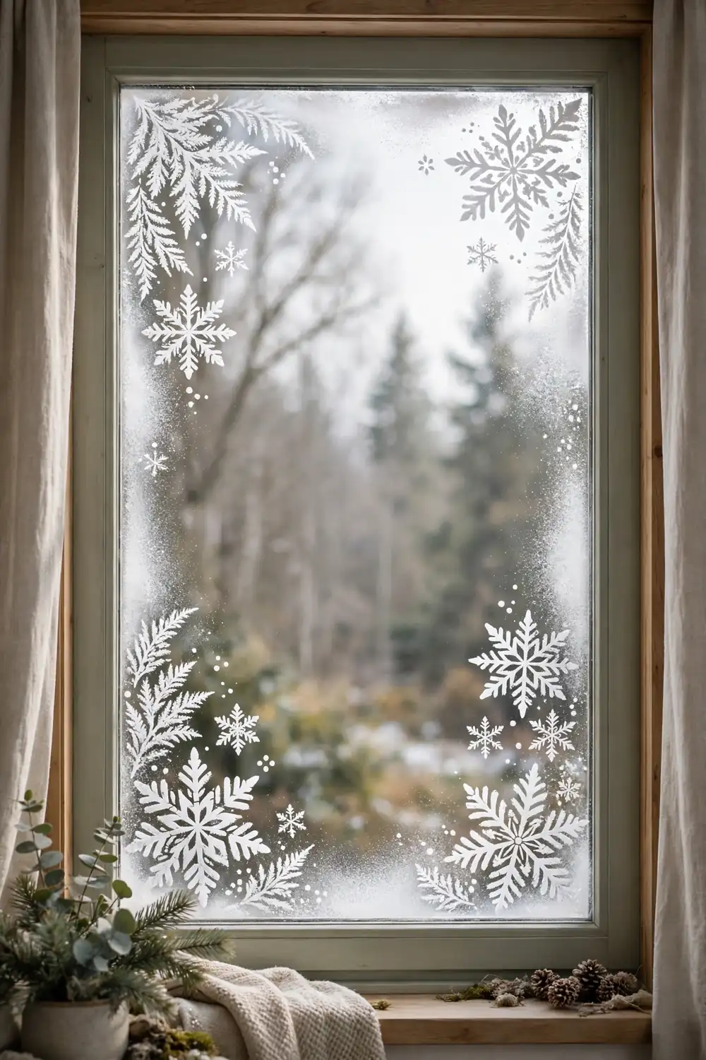 Stenciled snowflake frost patterns on a Christmas window made with spray snow, creative christmas window decor ideas