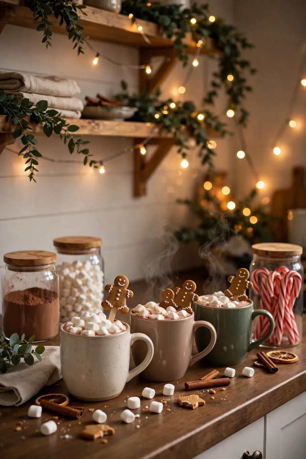 Gingerbread hot cocoa bar corner Gingerbread Christmas decor ideas with a hot cocoa bar corner and gingerbread stirrers