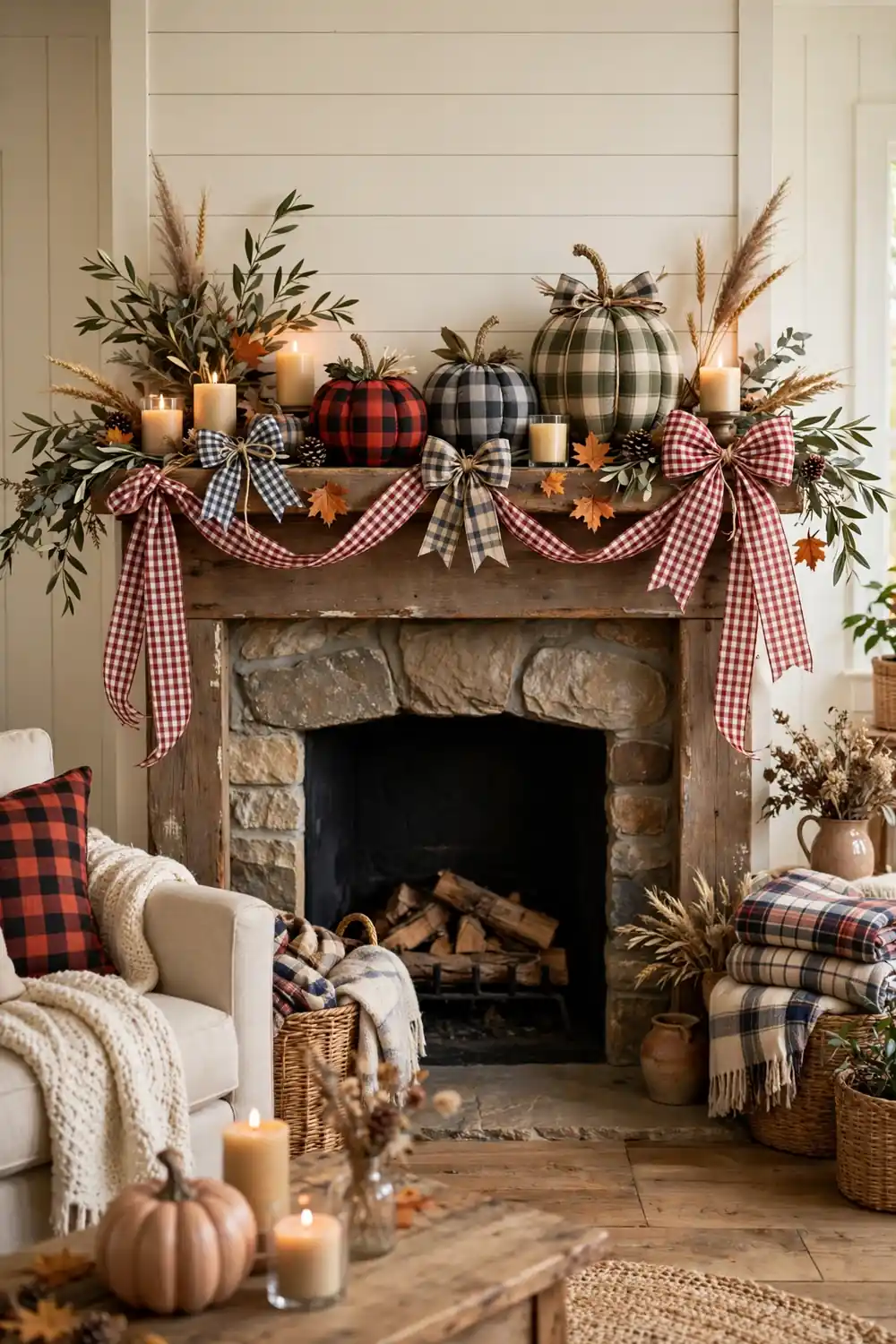 Thanksgiving mantel decor ideas with gingham check ribbon, plaid pumpkins, and checked fabric bows