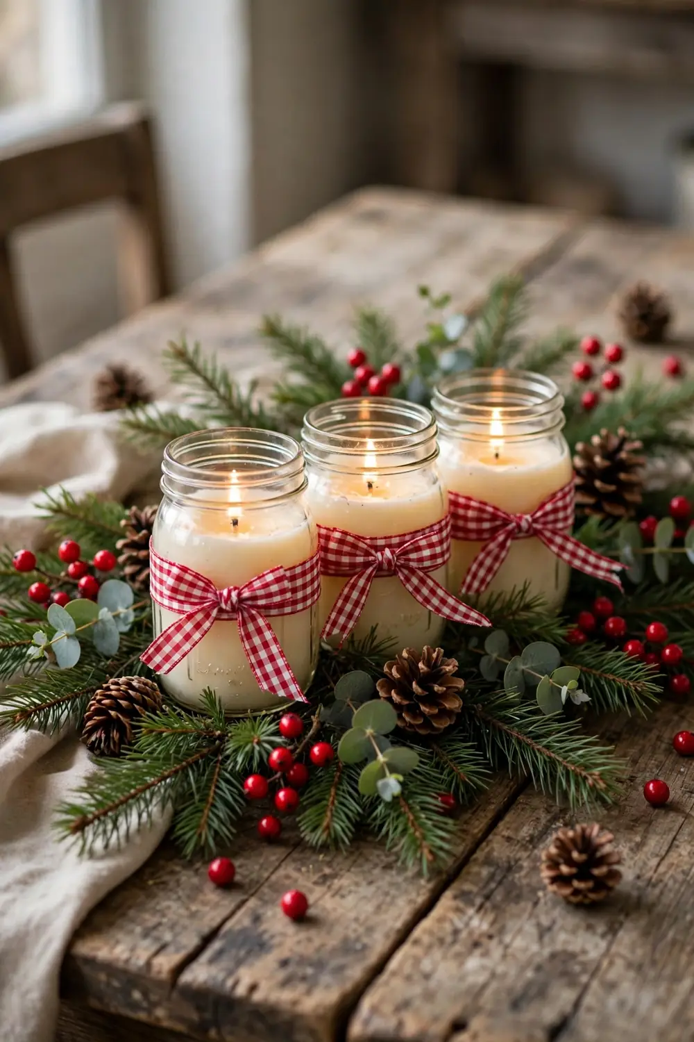 Gingham and Red Check Farmhouse Christmas Centerpiece Gingham and red check farmhouse centerpiece, a cozy christmas centerpiece idea for a country table