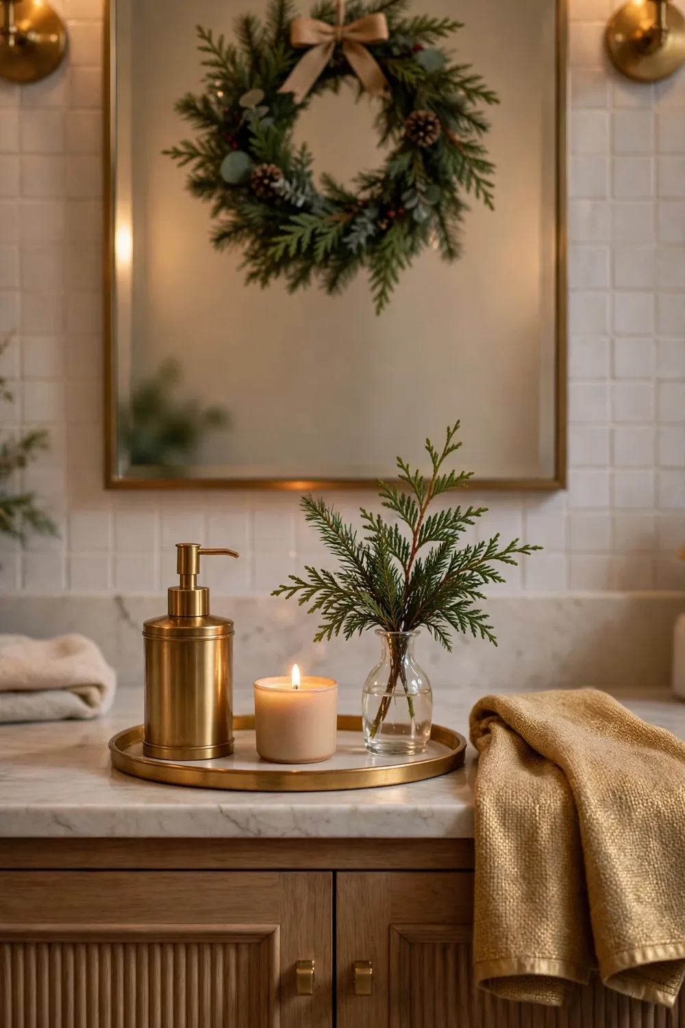 Gold Accent Christmas Guest Bathroom Guest bathroom with gold tray, small Christmas greenery arrangement and brass soap dispenser